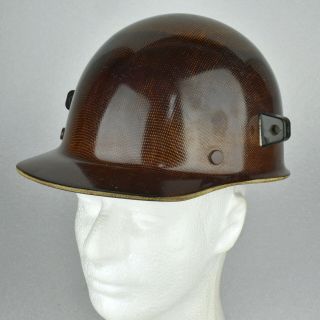 Vtg 1970s Brown Fiberglass Msa Skullgard Safety Hat Cap W/ Welder Lugs & Liner