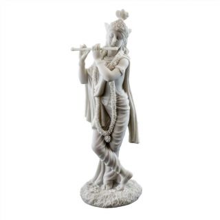 Krishna Statue 9.  5 " Hindu Indian God White Marble Finish Resin Deity Flute