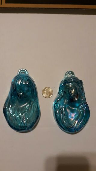 Jesus Christ & Virgin Mary Blue Iridescent Carnival Glass Wall Hanging Set