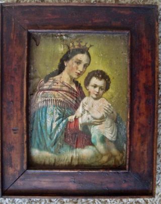 Antique Wood Frame And Print Of Our Lady Of Refuge,  Ca.  Late 1800s - Early 1900s
