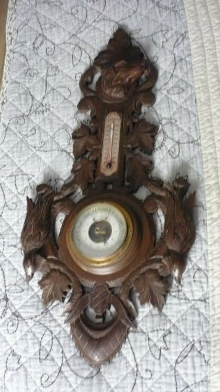 Antique Black Forest French Barometer Weather Station Hunting Hand Carved Wood