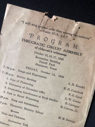 Watchtower Theocratic Circuit Assembly Program 1948 Beaumont Texas