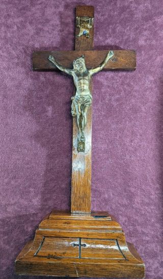 Antique Altar Standing Wooden / Spelter Cross Crucifix / 15 " Tall.