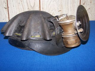 Vintage Leather Turtle Shell Miners Helmet With Brass Auto Lite Carbide Lamp