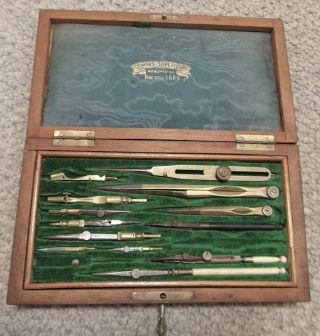 Antique Cased Set Drafting Drawing Instruments Proportional Dividers Compass