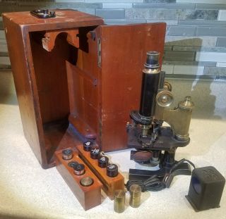 Antique Spencer Brass Microscope W/ Lenses Eyepieces Illuminator & Case,  Vintage