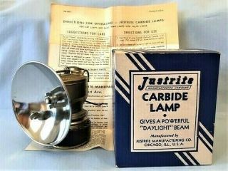 Nos Justrite Miners Carbide Lamp W/ Box & Directions,  Mining Caving Coal