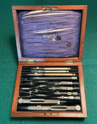 C.  1880 Cased German Silver Drawing Set By Stanley Scale Rule Parallel Ruler