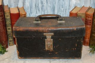 Antique Black Leather Doctor Medical Bag Case Sectioned Metal Insert Dr Label