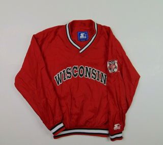 Vtg 90s Starter Men M Wisconsin Badgers Windbreaker Jacket Pullover Big Logo Red