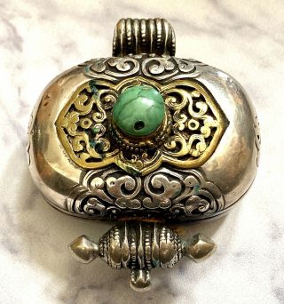Unique Tibetan Silver Prayer Box Pendant W/ Turquoise & Gold Accents