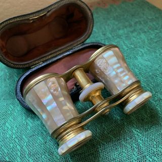 Antique Lemaire Fabi Mother Of Pearl Opera Glasses Binoculars With Case Gorgeous