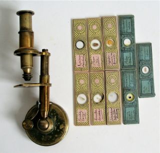 Antique French Pocket Microscope & 9 X Small Bourgogne Slides