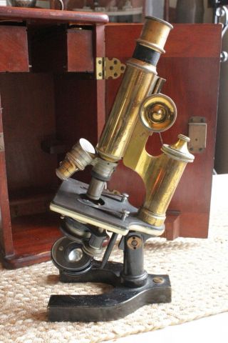 Antique Bausch & Lomb Brass Microscope Patent 1897 In Wooden Case W/ Antq Slides