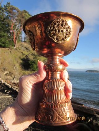 Fine Detail Xl 7 " Solid Copper & Brass Tibetan Buddhist Butter Lamp 10 Hr Candle