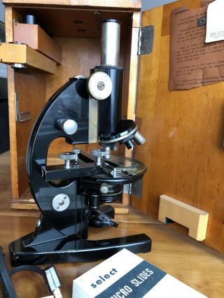 Vintage Carl Zeiss Jena Microscope With Lenses,  Box And Slides