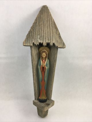 Vintage Anri Virgin Mary Carved Wood Figurine Christian Figure Blue Robe Toriart