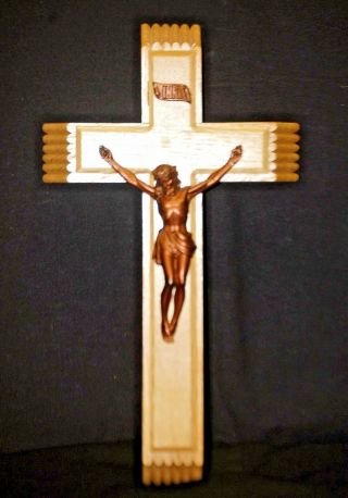 Vintage Wooden Oak Wall Mount Crucifix Cross Opens To Hold Rosary Beads Catholic