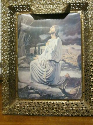 Vintage Joe Maniscalco 3d Holographic Picture Jesus In Prayer Lighted Frame