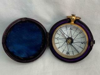 Good 19th Century Gilded Brass Pocket Compass With Case.