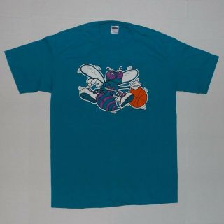 Vintage 80s Charlotte Hornets Nba Trench T - Shirt Sz L Made In Usa