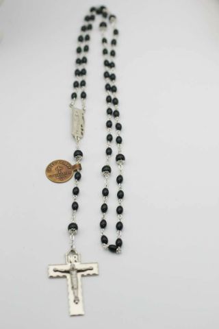 Vintage With Orig Tag Creed Sterling Silver & Black Bead Rosary Necklace