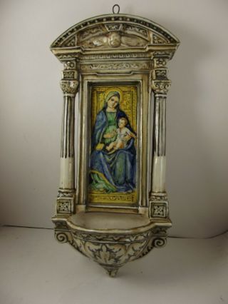 Ceramic Mary & Baby Jesus Holy Water Wall Font 13.  5 " X 7 " - A/l Bologna Itailia
