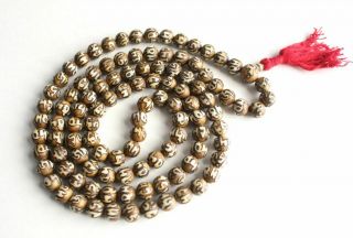 Buddhist Om Mani Etched Conch Necklace,  Etching Mala,  108 Conch Bead Prayer Mala
