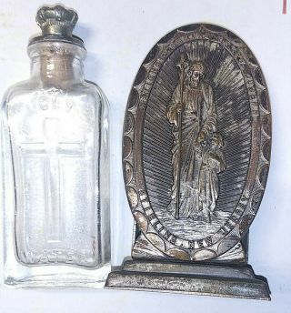 Vintage Holy Water Bottle And Metal Stand