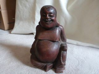 Great Vintage Dark Wood Hand Carved Wooden Laughing Happy Buddha Statue 12 "