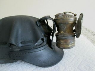 Old Leather Turtle Shell Miners ' Hat with Carbide Lamp 2