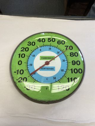 Vintage Round Green Metal Mcm Style Thermometer