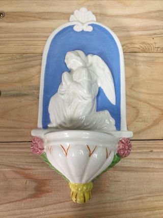 Ceramic Pottery 8” Wall Hanging Holy Water Font Made In Italy Catholic Angel