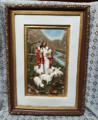 Vintage Jesus & Sheep 3d Picture Wall Hanging Lights Up - Framed Print Religious