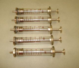 Set Of 5 Vintage Old Bulgarian Medical Brass / Glass Syringes 5ml