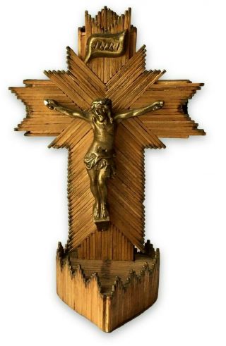Tramp Prison Folk Art Burnt Matchstick Cross,  Chalkware Crucifix Handmade