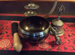 Buddhist Bronze Singing Bowl,  Bell & Dorje And Tingsha Cymbals