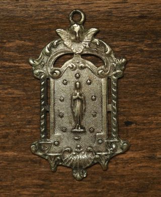 Antique Religious Silvered Medal Pendant Our Holy Lady Of Lourdes Oostakker