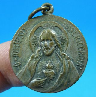 Sacred Heart & Virgin Carmen Religious Antique Medal Bronze Pendant Charm