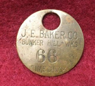 Antique J E Baker Co Bunker Hill Wv Brass Time Check Tag Stone Quarry Tool