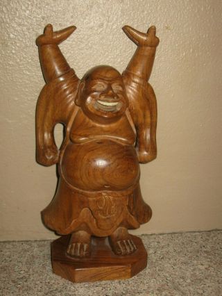 Vintage Happy Buddha Hand Carved Wood - Asian Chinese Figure - Inlay Teeth - 11 "