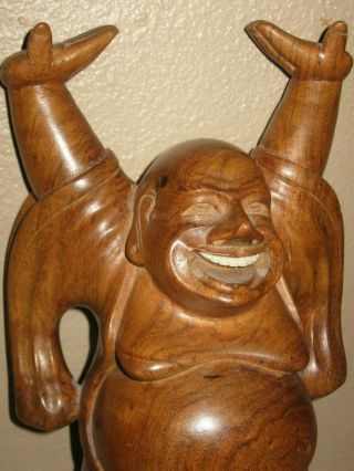 Vintage Happy Buddha Hand Carved Wood - Asian Chinese Figure - Inlay Teeth - 11 
