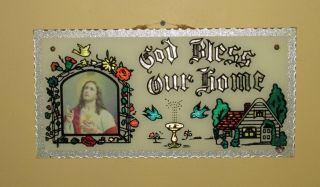 Vintage God Bless Our Home Chip Glass Reverse Painted Foil Art Picture