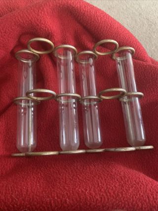 Vintage Metal Test Tube Holder With 4 Glass Tubes Conversation Piece Or For Bar
