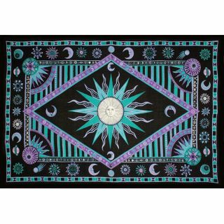Celestial Sun And Moon Tapestry Cloth 72x104 " (twin) Cotton - Green/purple