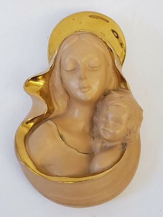 Religious Wall Plaque Terracotta Gilt Madonna Child Virgin Mary Baby Jesus Italy