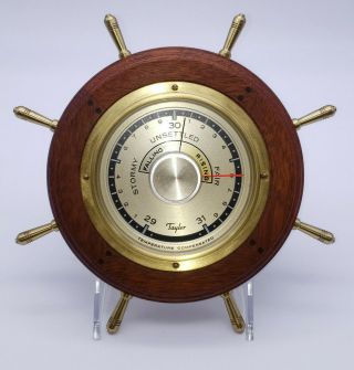 Taylor Stormoguide Mahogany Wood Brass Barometer Nautical Ship Wheel