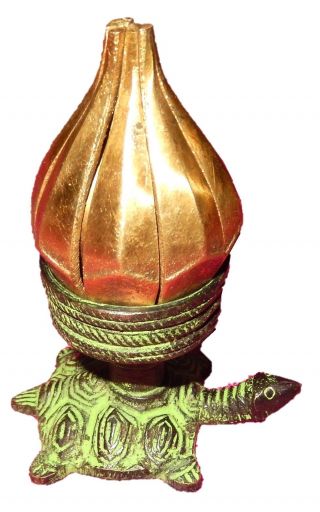 Tibetan Turtle Base Lotus Flower Brass Incense Cone Burner Candle Stand Oil Lamp