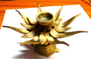 Tibetan Lotus Flower Turtle Base Incense Burner Brass Candle Stand Oil Lamp 3 "