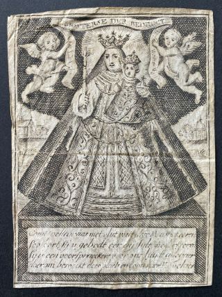 Engraving Antique 18th Century Holy Card St Mary Our Lady Jesus Angels